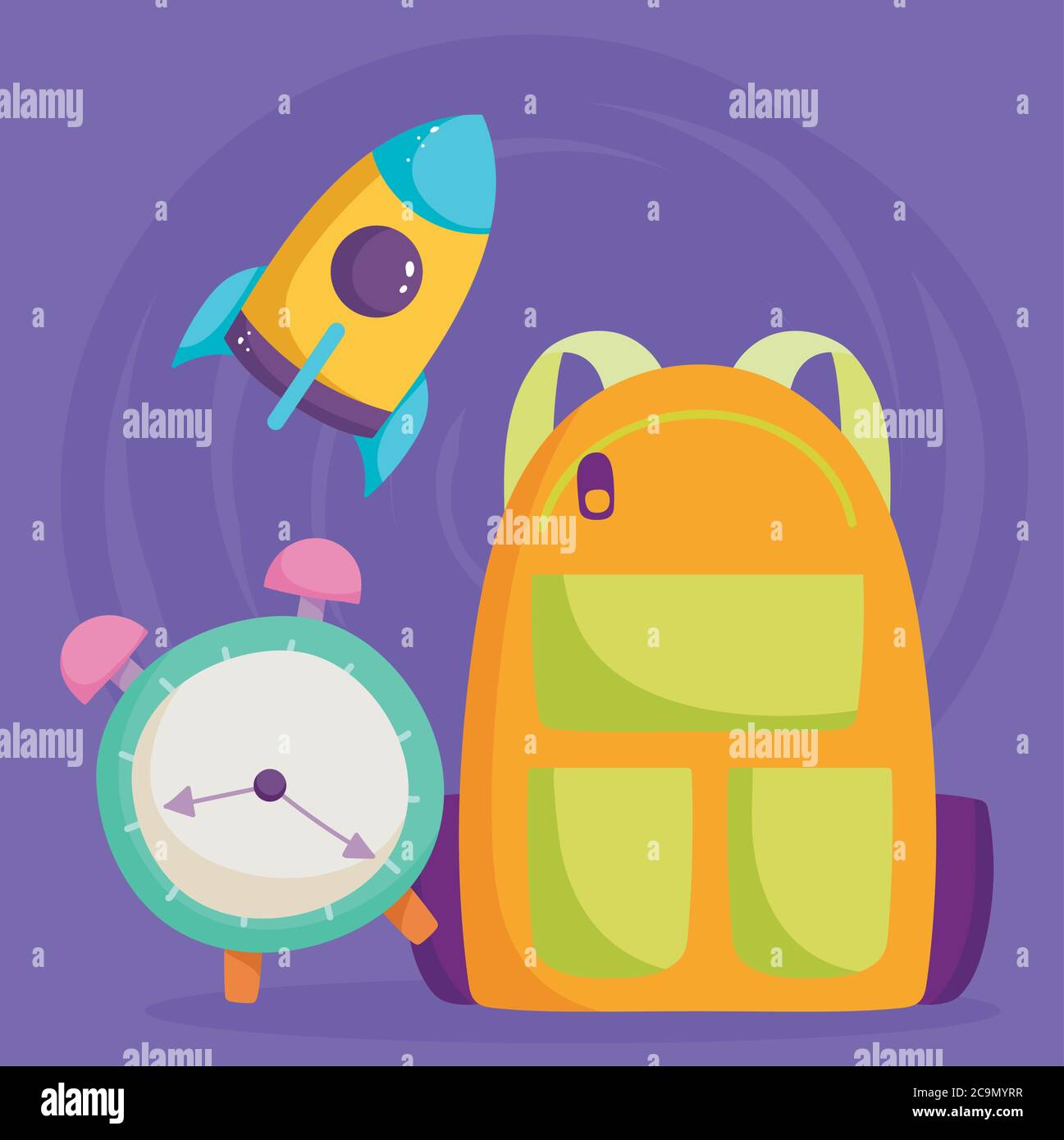 back to school, backpack clock and rocket elementary education cartoon ...