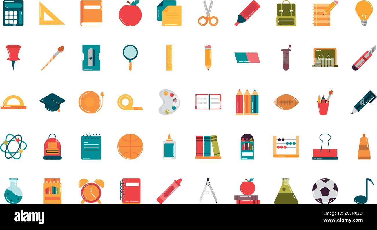 school education supply class stationery flat style icons set vector ...