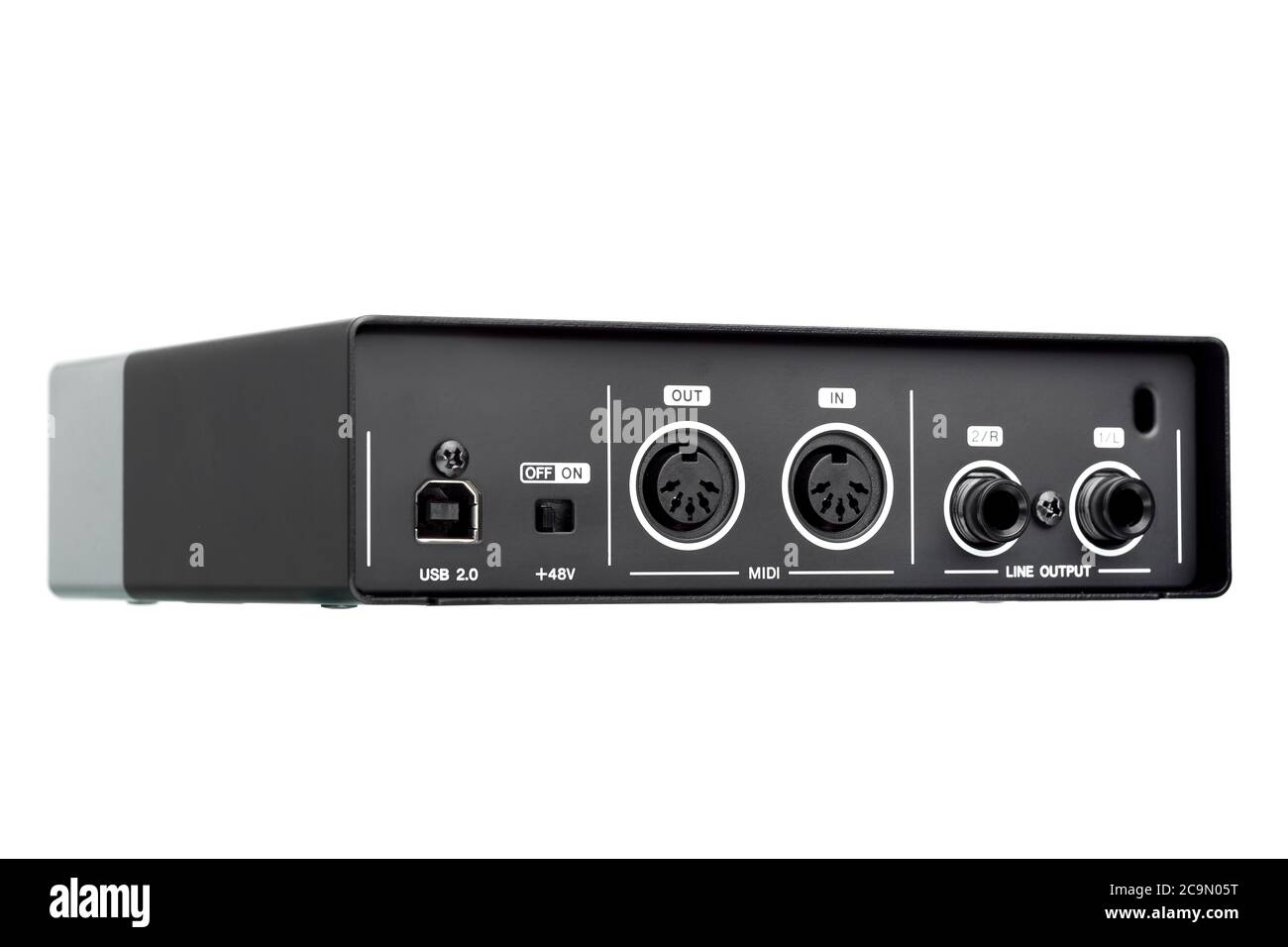 USB Audio interface back view of the panel with plugs for connection