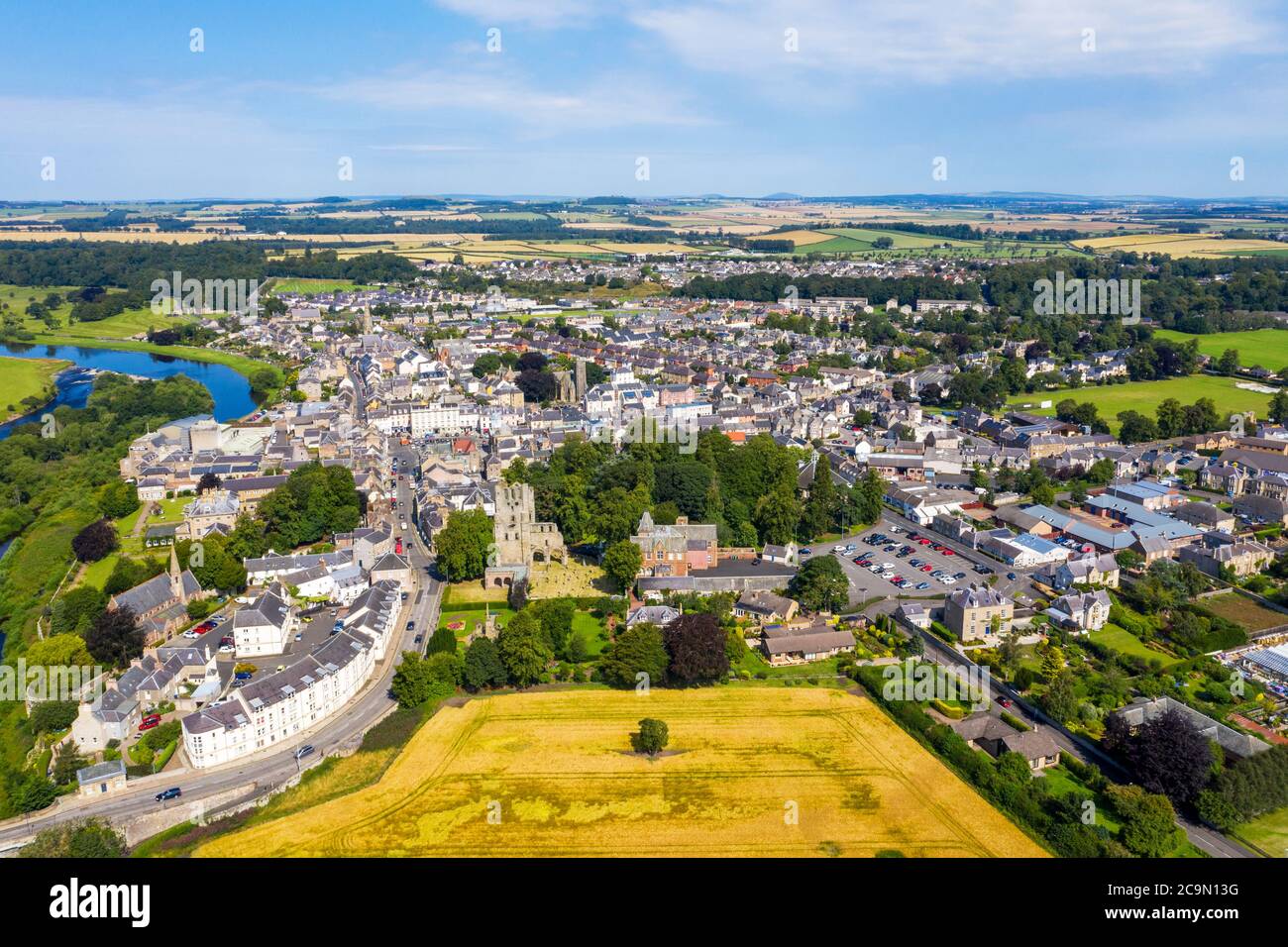 Aerial view of Kelso and the River Tweed, Roxburghshire, Scottish Borders, Scotland. Stock Photo