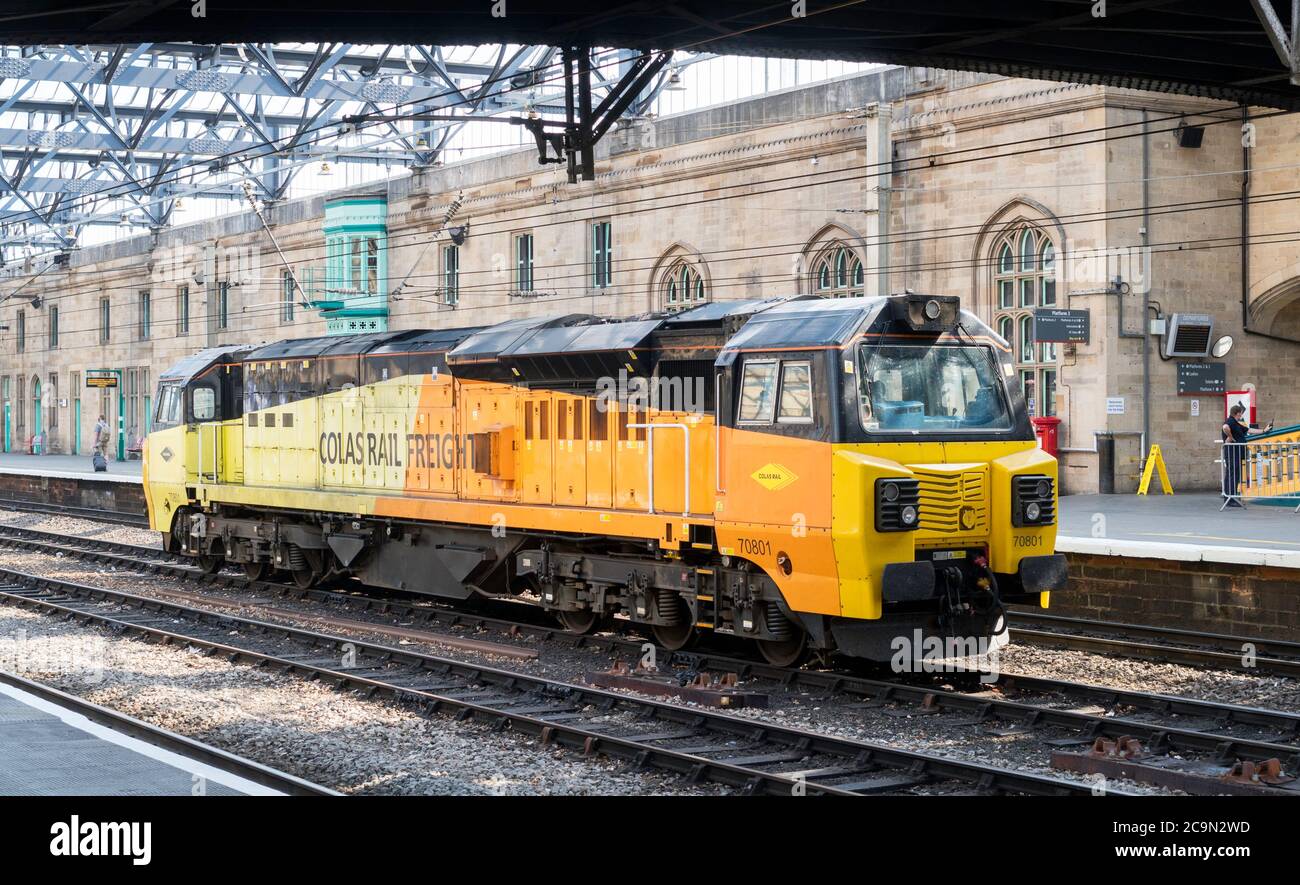 Colas Rail Freight class 70 801 diesel locomotive standing in Carlisle station, England, UK Stock Photo