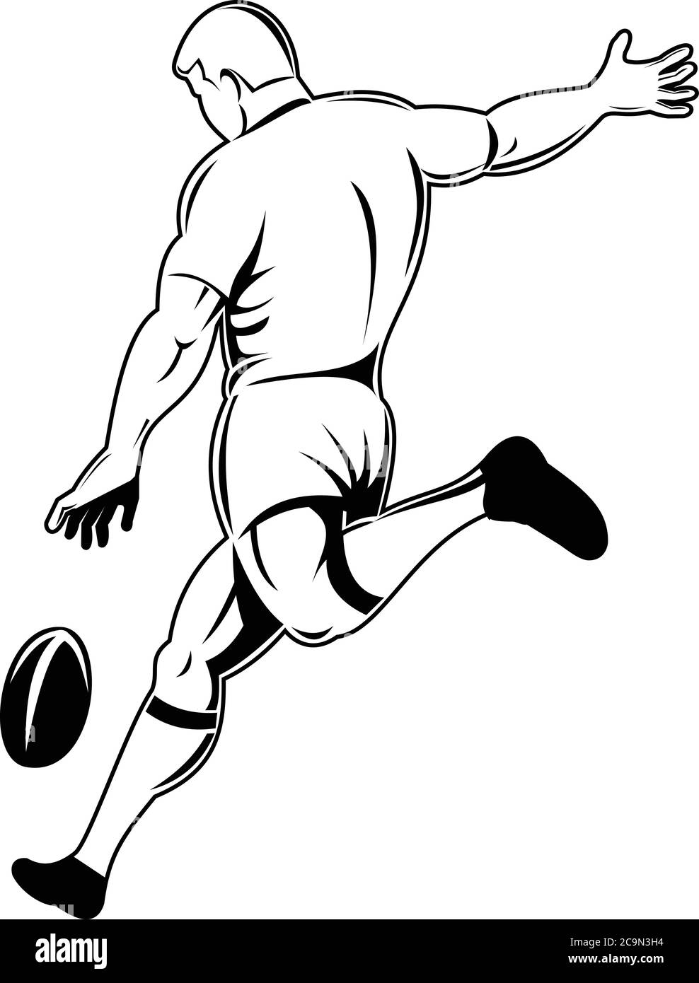 Retro woodcut style illustration of a rugby player or kicker drop kicking the ball viewed from rear or side on isolated background done in black and w Stock Vector