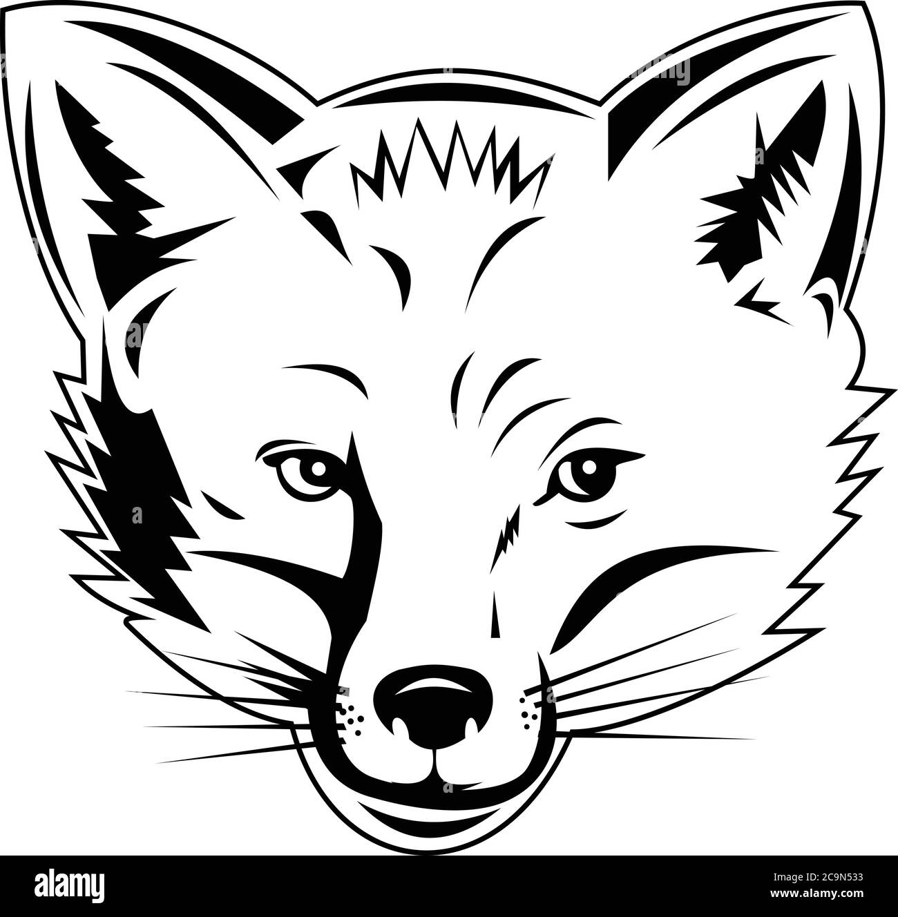 Retro style illustration of head of a red fox, largest of the true foxes and the most widely distributed members of the order Carnivora, viewed from f Stock Vector