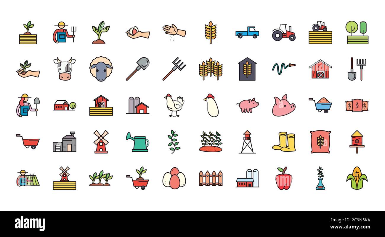 farm line and fill style icon set design, agronomy lifestyle ...