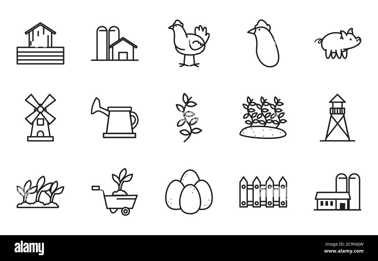 farm line style icon set design, agronomy lifestyle agriculture harvest ...