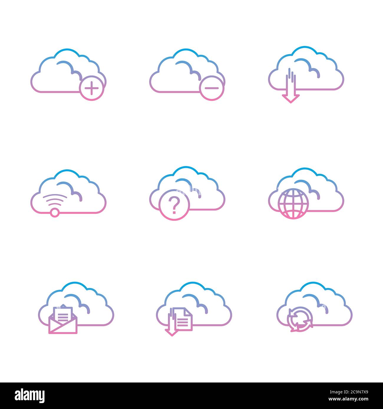 Cloud computing gradient style icon set design, Communication internet ...