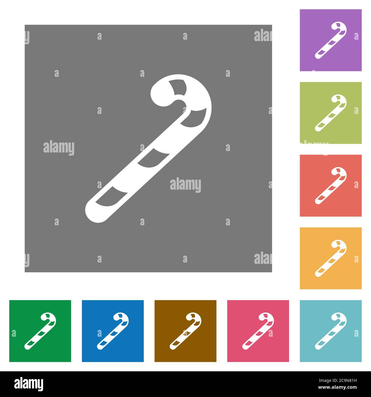Candy canes flat icons on simple color square backgrounds Stock Vector