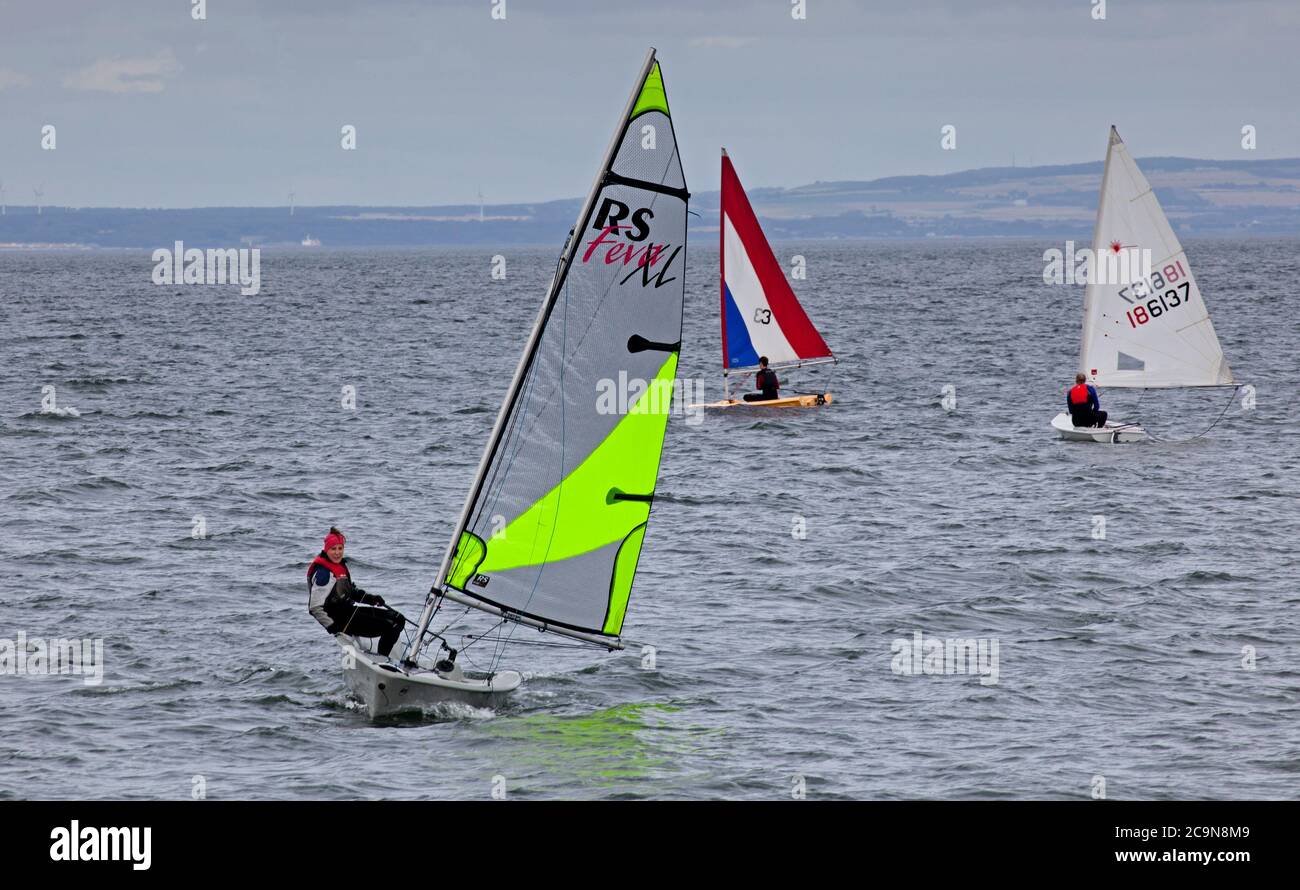 Fisherrow, Musselburgh, Scotland, UK. 1st August 2020. Cloudy and 17 degrees at Fisherrow  for the Yacht Club Dinghy Summer Series Race. Stock Photo