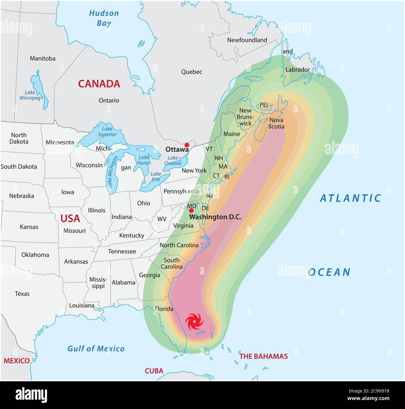 Schematic vector map of a fictional hurricane in North America Stock Vector