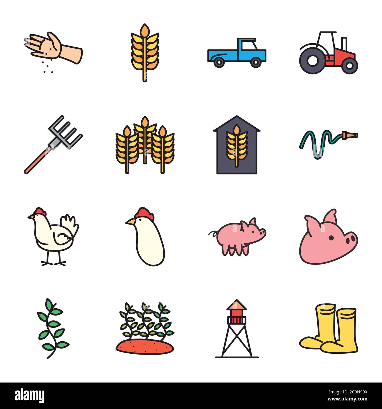farm line and fill style icon set design, agronomy lifestyle ...