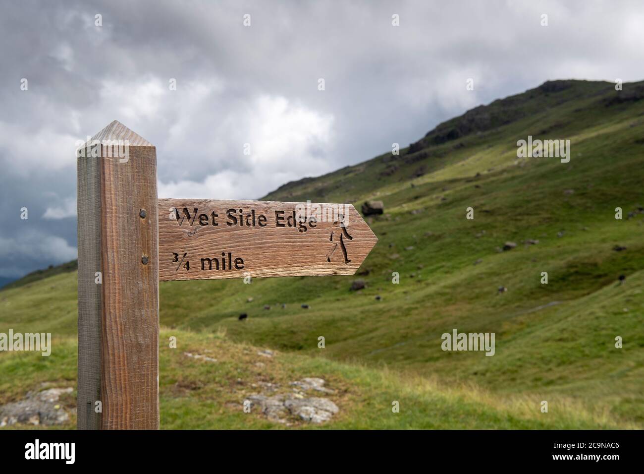 Footpath signs at the top of Wrynose Pass in the English Lake District, UK. Stock Photo