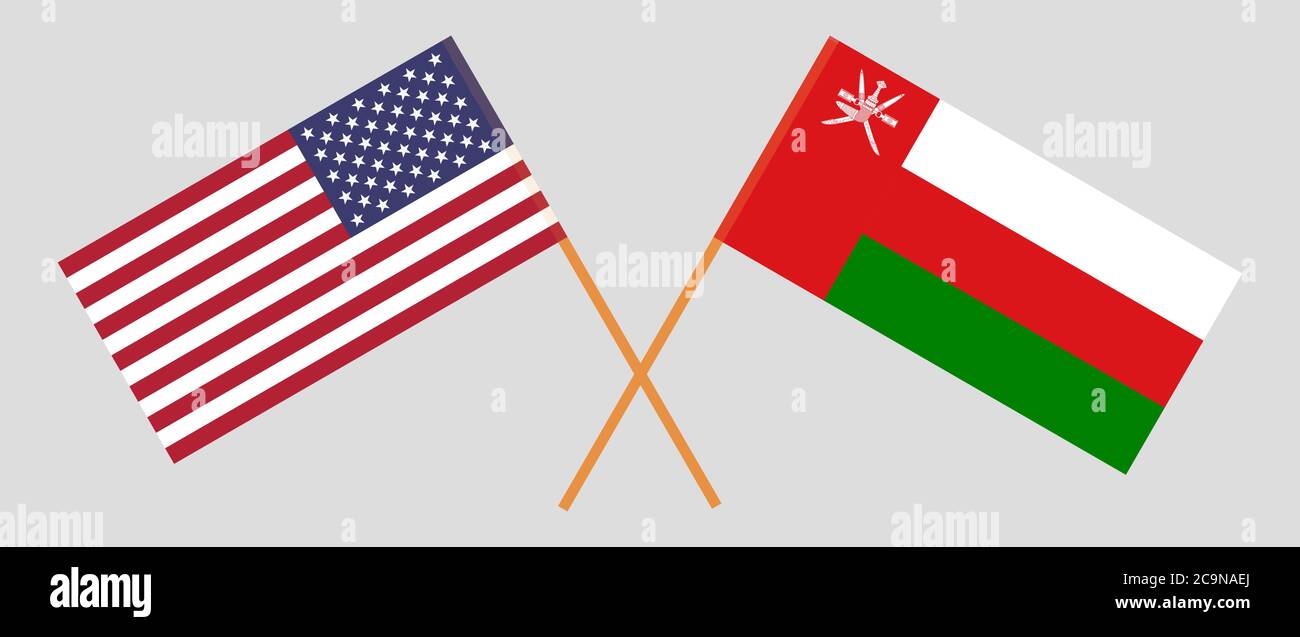 Crossed flags of Oman and the USA. Official colors. Correct proportion