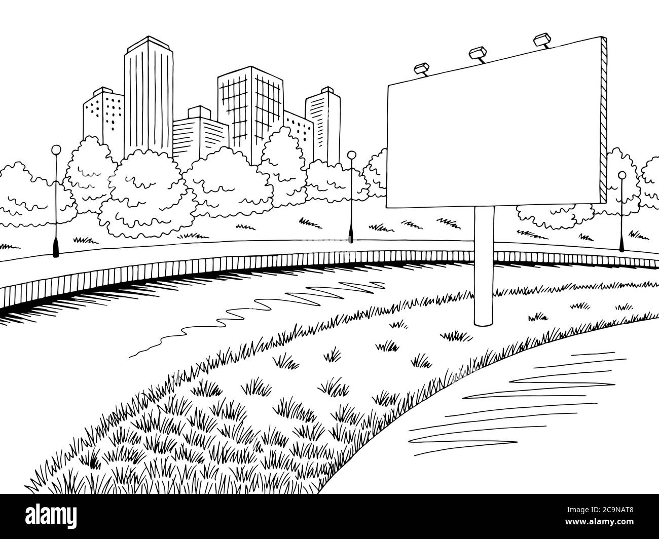 River billboard graphic black white city landscape sketch illustration vector Stock Vector