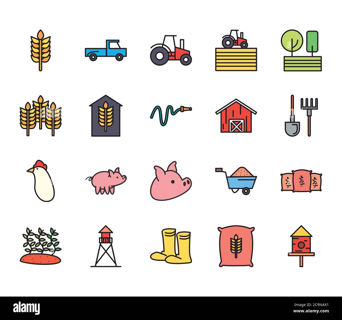 farm line and fill style icon set design, agronomy lifestyle ...