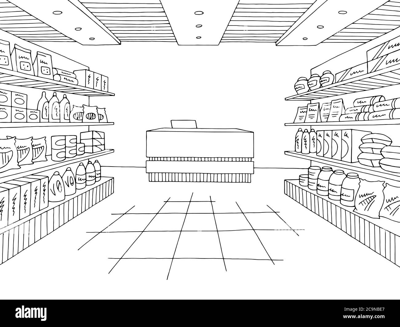 Grocery store shop interior black white graphic sketch illustration vector Stock Vector