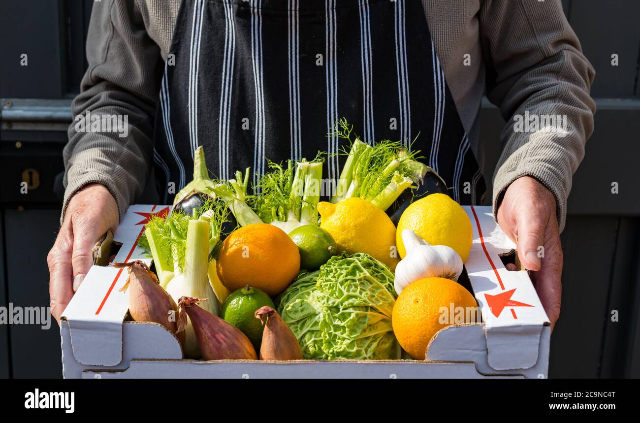 Man wearing apron delivering box of fresh fruit and vegetables: savoy cabbage, shallots, oranges, limes, lemons, fennel, aubergine Stock Photo