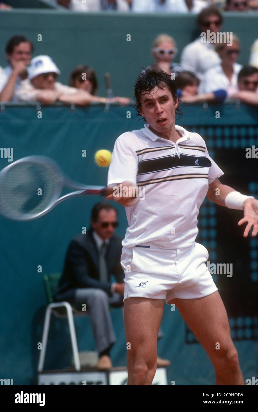 Ivan Lendl strokes a forehand during a match at the 1981 French Open at Roland Garros, the year Lendl reached his first grand slam final losing to Bjorn Borg in five sets. Stock Photo