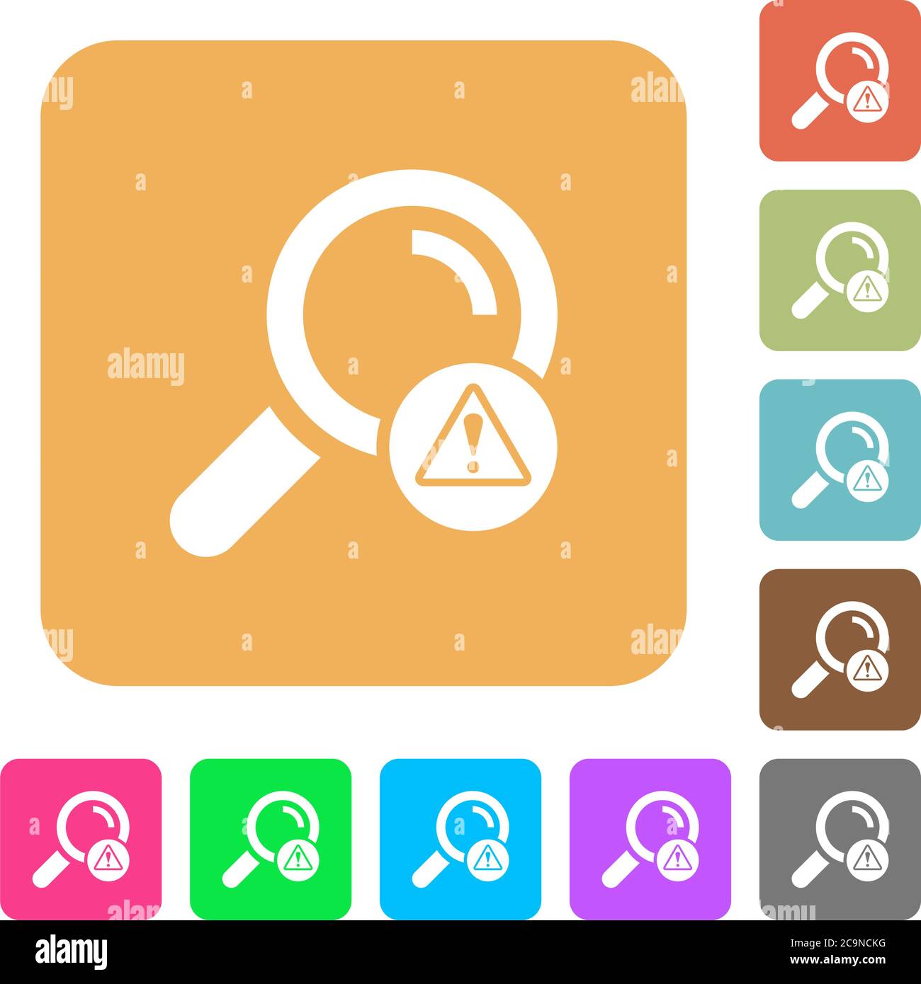Search error flat icons on rounded square vivid color backgrounds. Stock Vector
