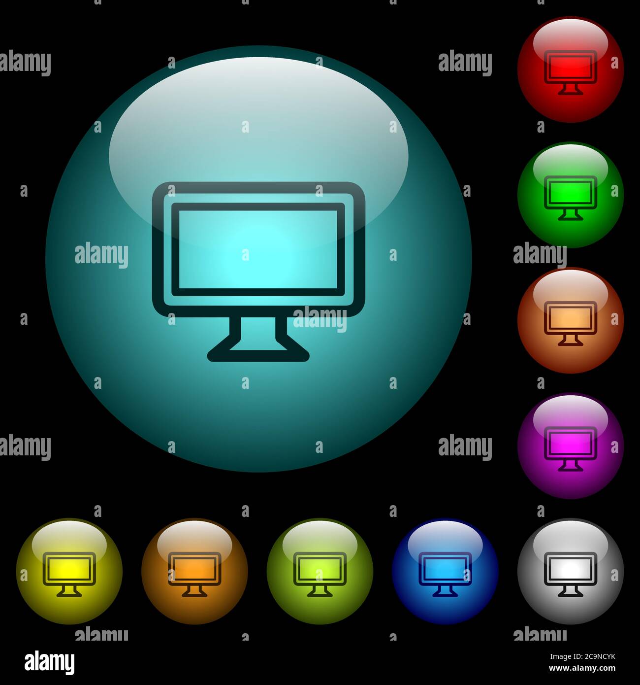 Single monitor icons in color illuminated spherical glass buttons on ...