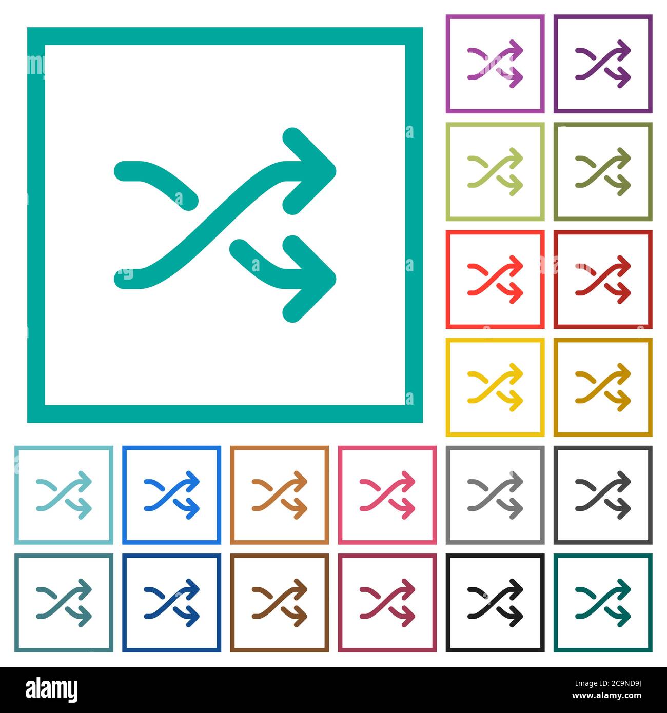 Media shuffle flat color icons with quadrant frames on white background ...