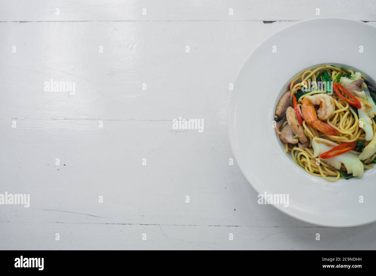 Top view of Stirfried Spicy Spaghetti Seafood or "Spaghetti Pad Kee