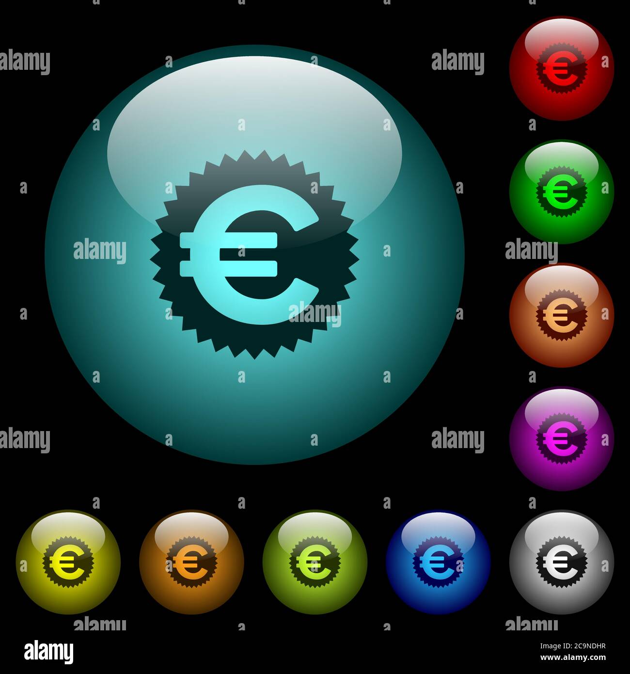 Euro sticker icons in color illuminated spherical glass buttons on ...