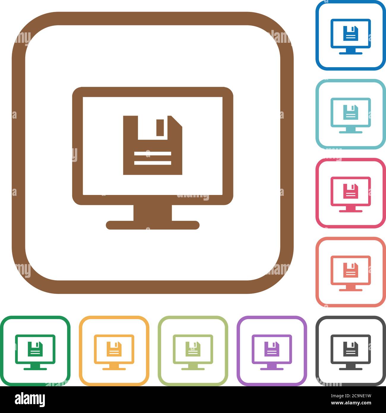 Save display settings simple icons in color rounded square frames on white background Stock Vector