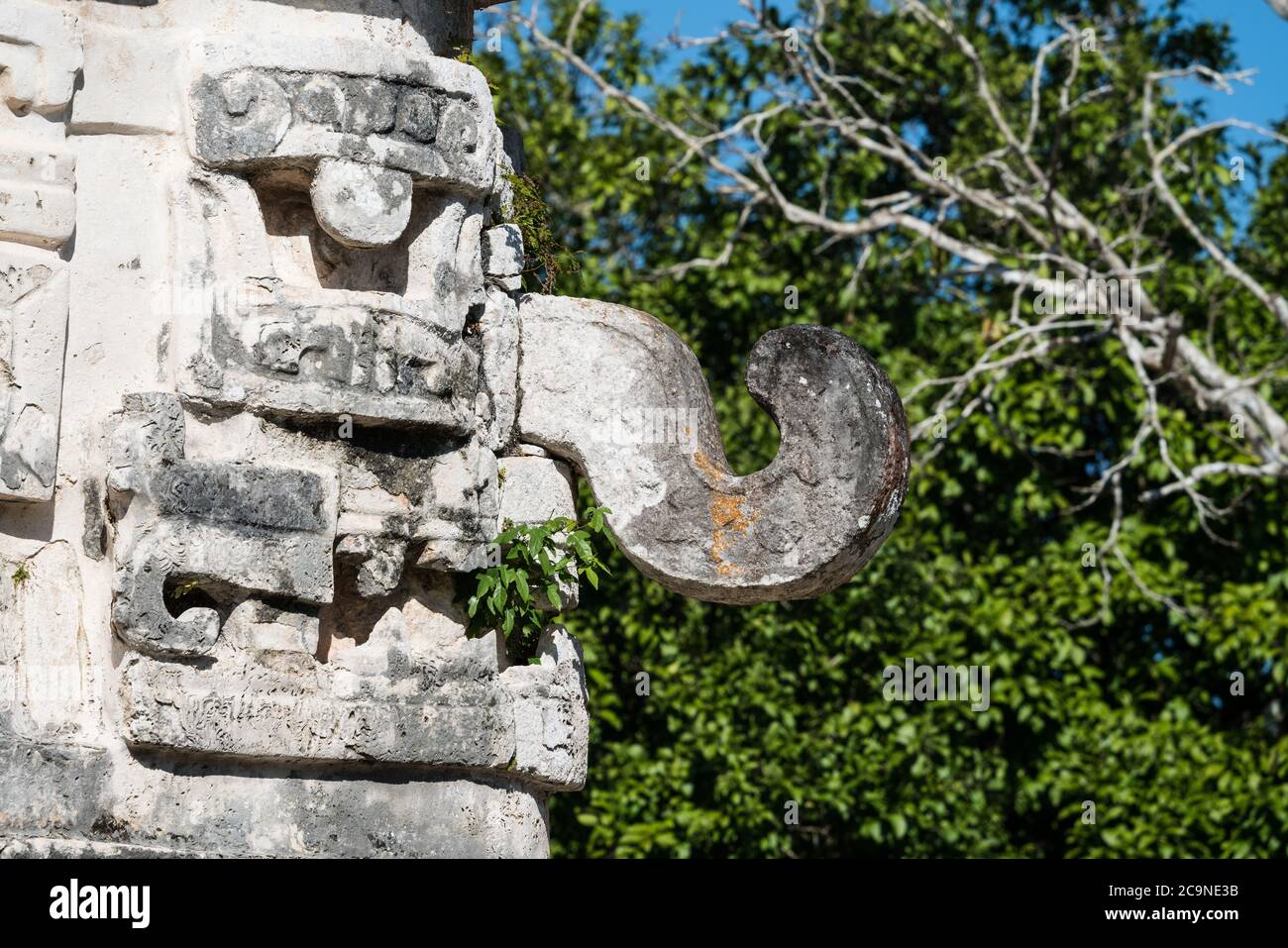A Chaac mask on the Iglesia or Church the Nunnery Complex in the ruins of the great Mayan city of Chichen Itza, Yucatan, Mexico. Stock Photo