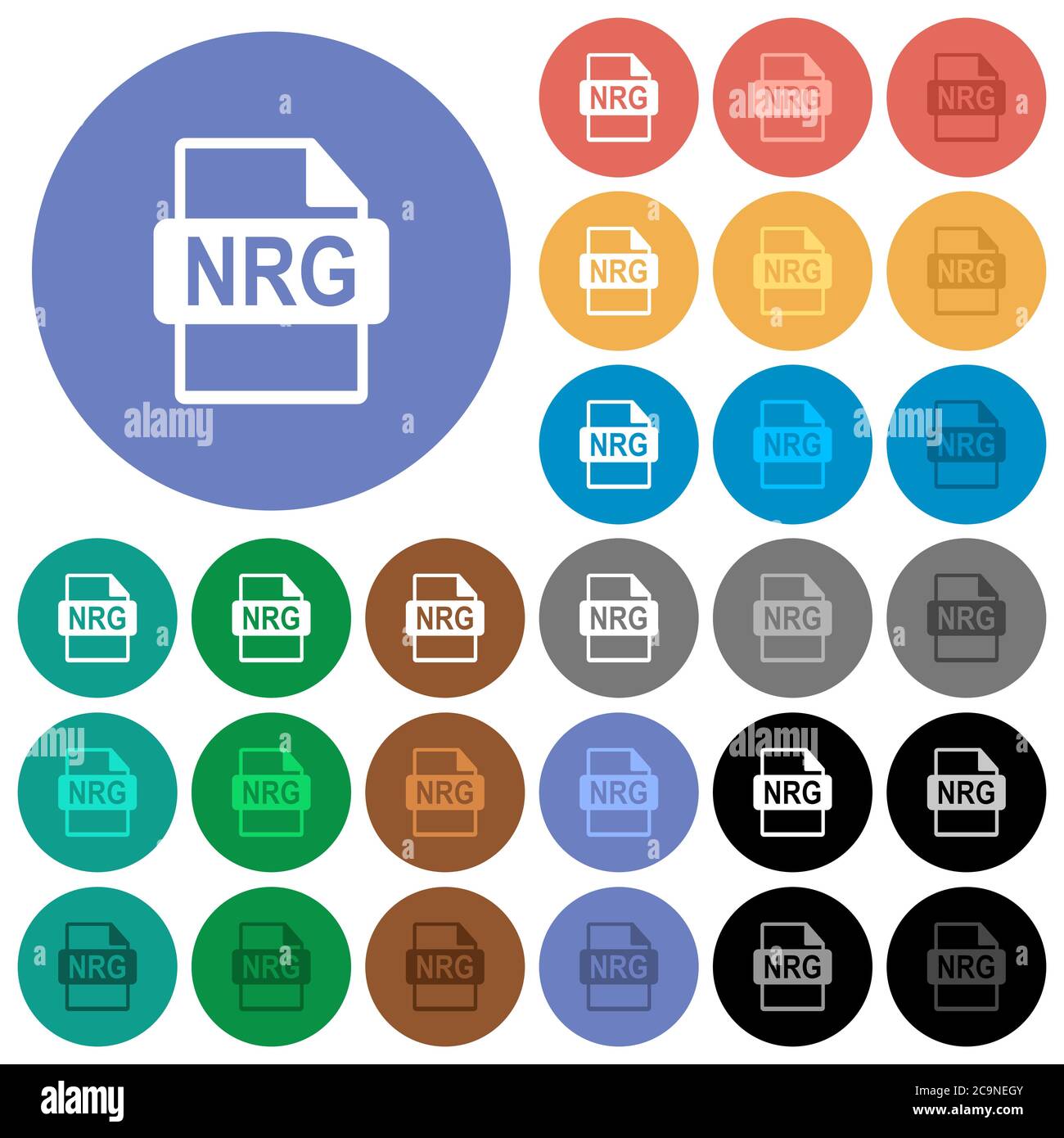 NRG file format multi colored flat icons on round backgrounds. Included white, light and dark icon variations for hover and active status effects, and Stock Vector