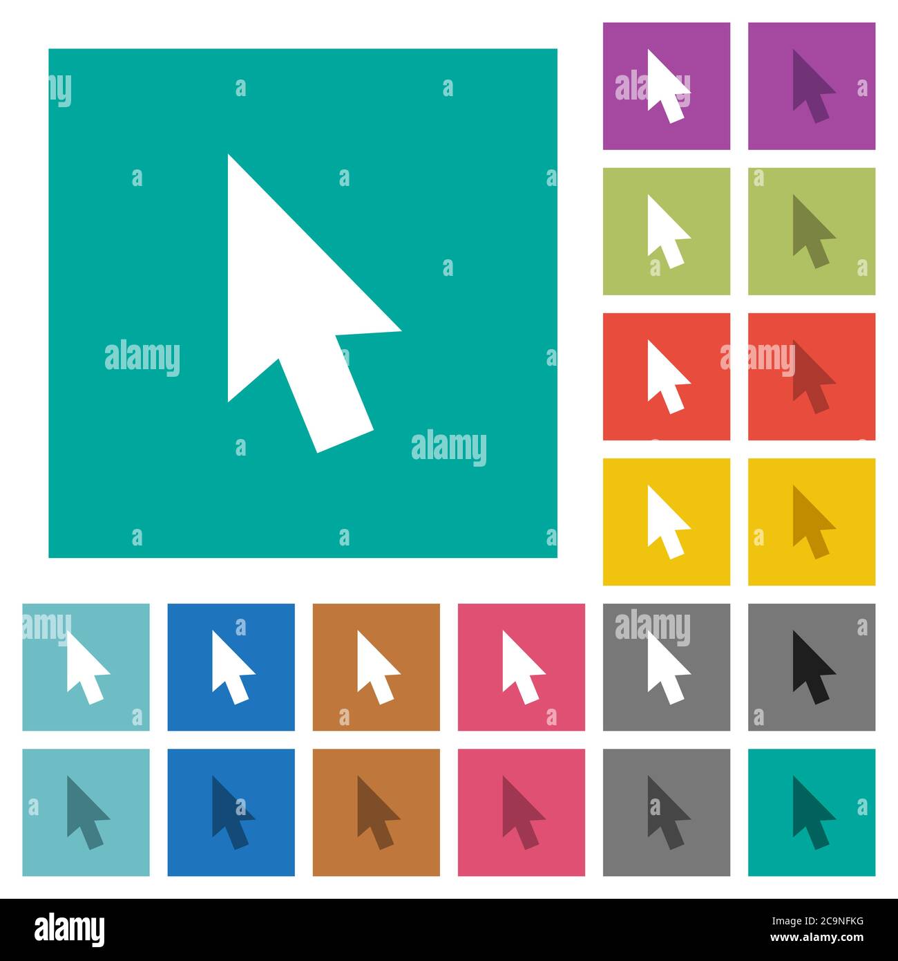 Mouse cursor multi colored flat icons on plain square backgrounds. Included white and darker icon variations for hover or active effects. Stock Vector