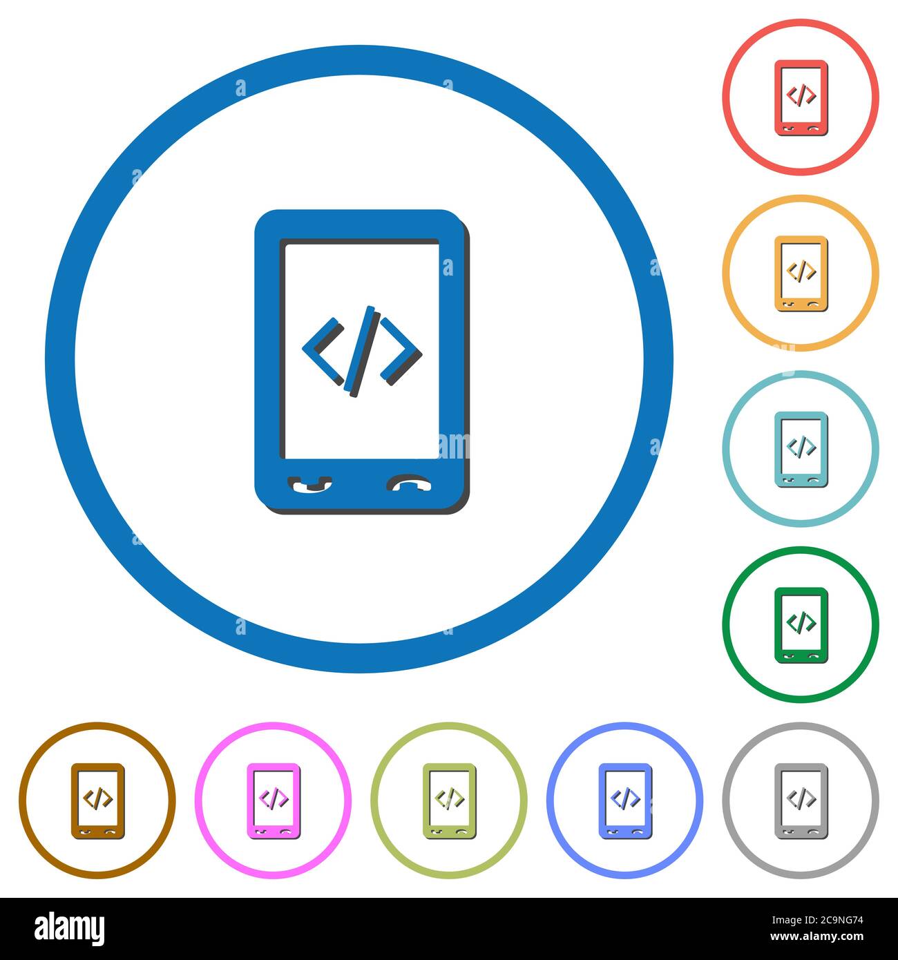 Mobile scripting flat color vector icons with shadows in round outlines on white background Stock Vector