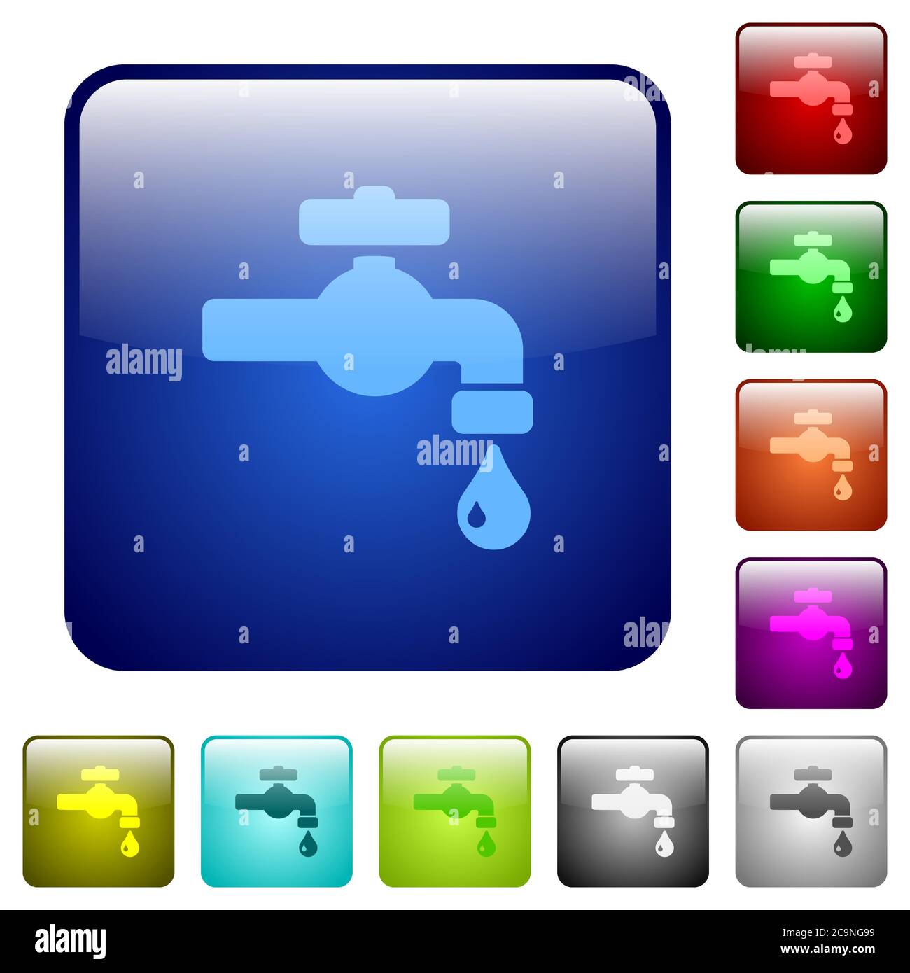 Water faucet with water drop icons in rounded square color glossy button set Stock Vector Image