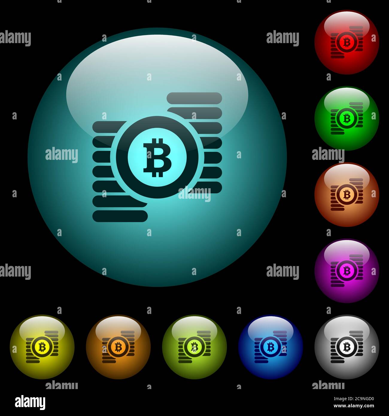 Bitcoins icons in color illuminated spherical glass buttons on black ...