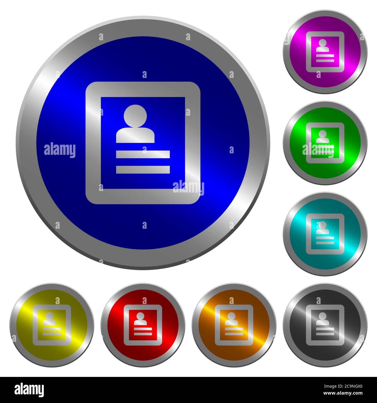 User profile icons on round luminous coin-like color steel buttons ...