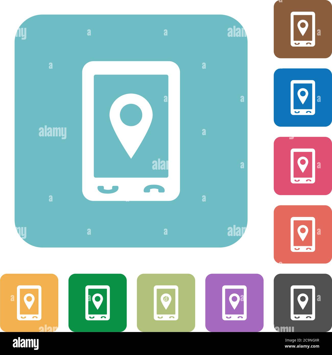 Mobile navigation white flat icons on color rounded square backgrounds Stock Vector