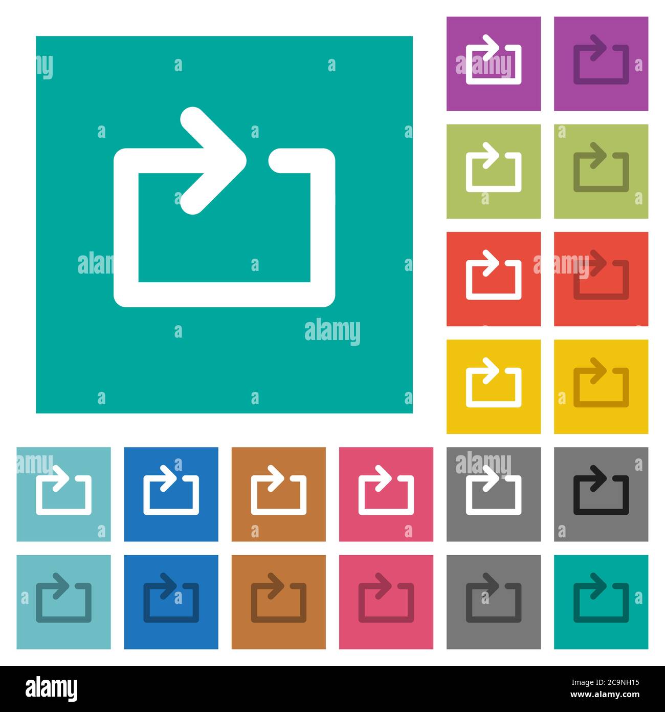 Media loop multi colored flat icons on plain square backgrounds. Included white and darker icon variations for hover or active effects. Stock Vector