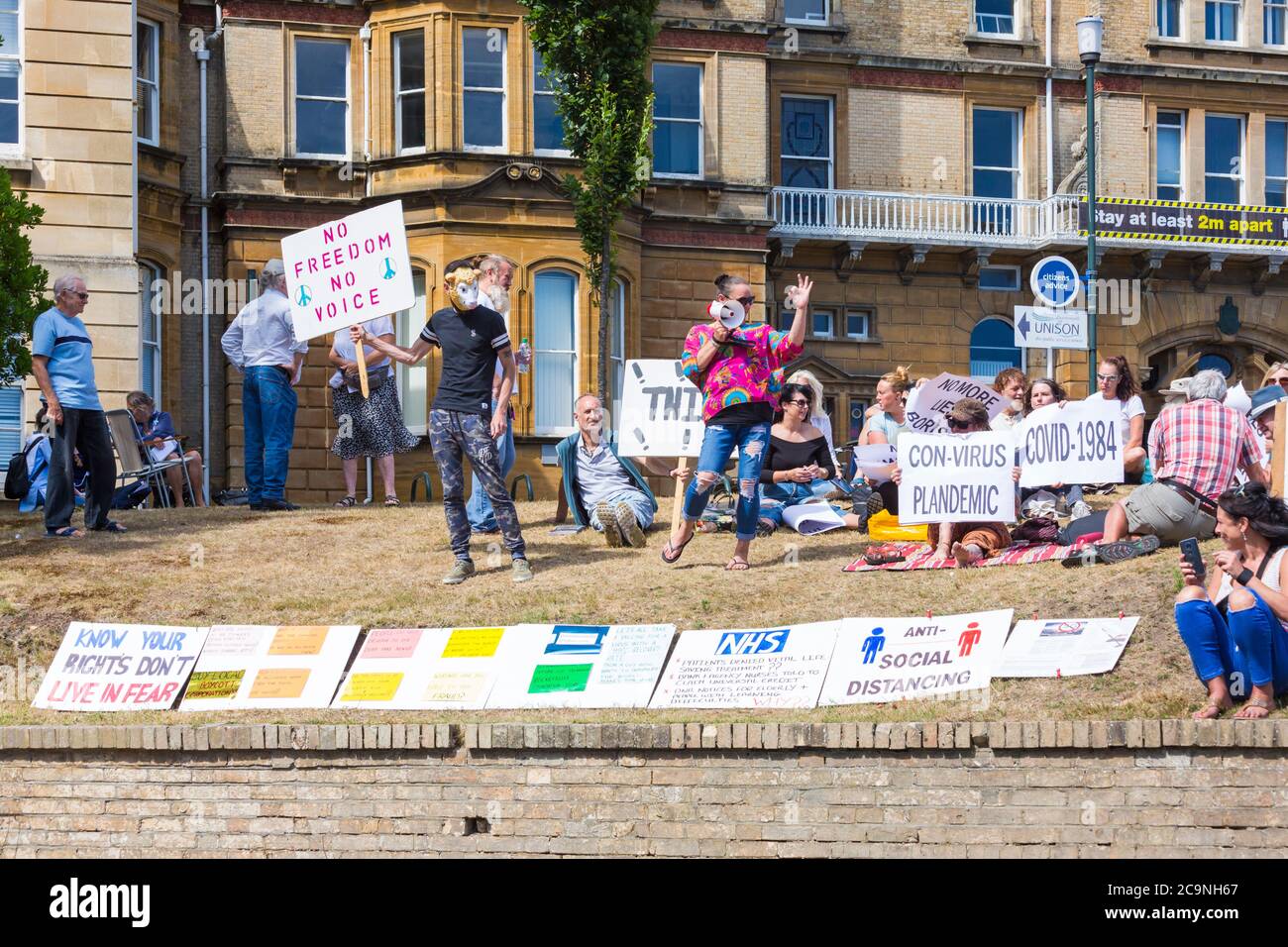 Bournemouth, Dorset UK. 1st August 2020. Group of people express their views outside Bournemouth Town Hall about the restrictions and guidance over Coronavirus Covid-19. Covid deniers. Credit: Carolyn Jenkins/Alamy Live News Stock Photo