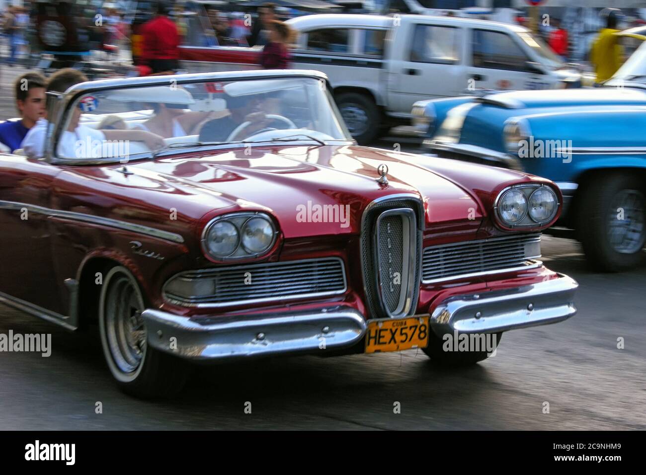 Havana, Cuba - January 26, 2012 - Red Edsel convertible driving through Havana Stock Photo