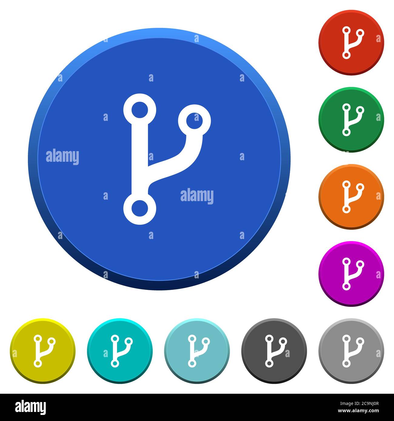 Code fork round color beveled buttons with smooth surfaces and flat white icons Stock Vector
