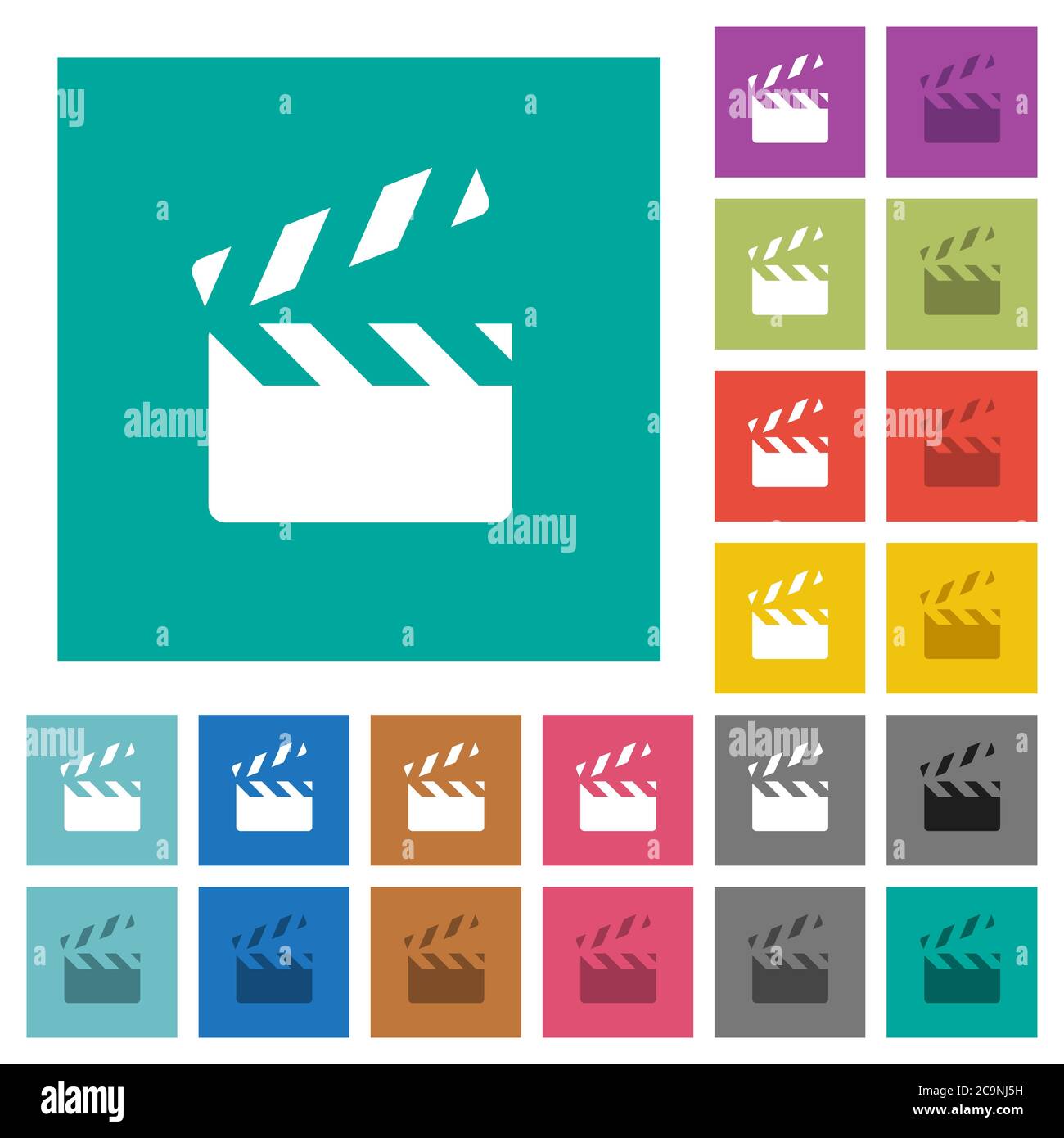 Clapperboard multi colored flat icons on plain square backgrounds. Included white and darker icon variations for hover or active effects. Stock Vector