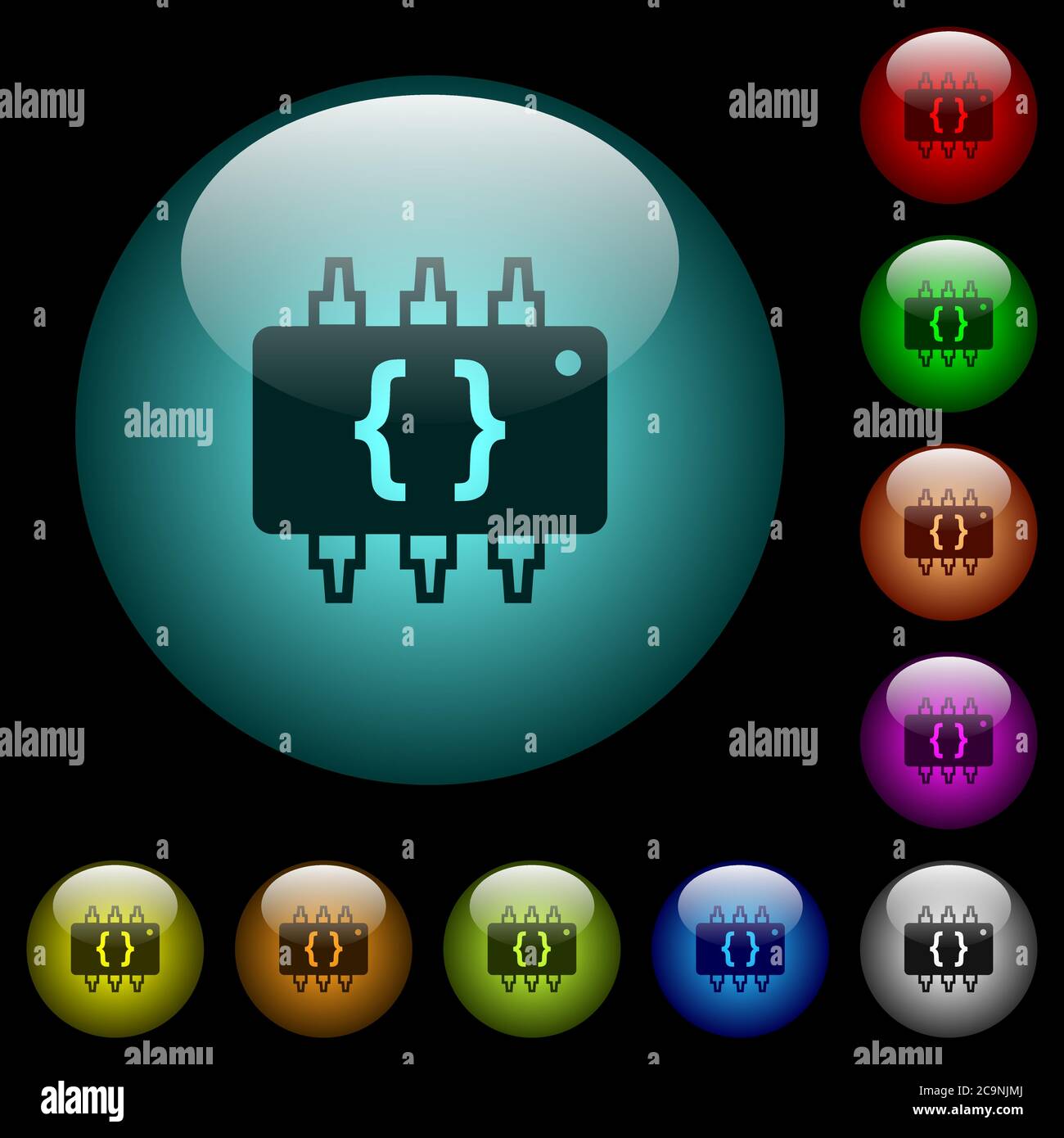 Hardware programming icons in color illuminated spherical glass buttons ...