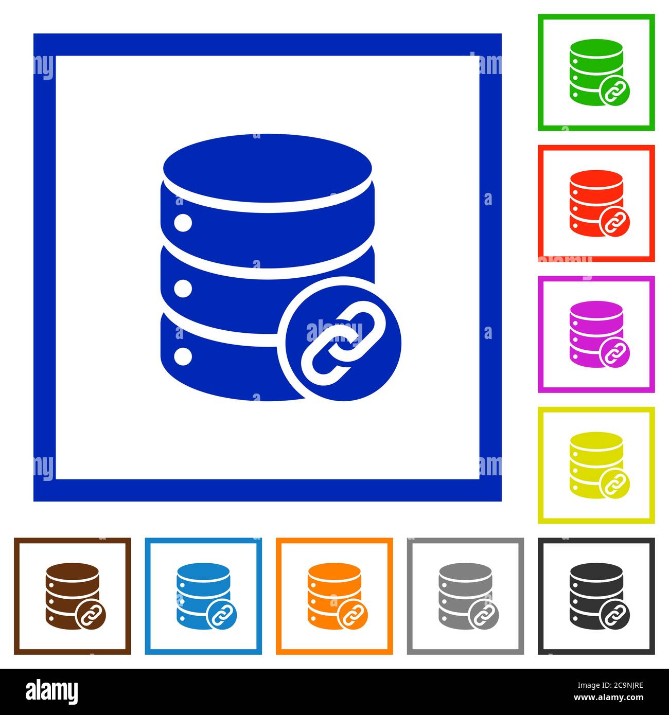 Database attachment flat color icons in square frames on white ...