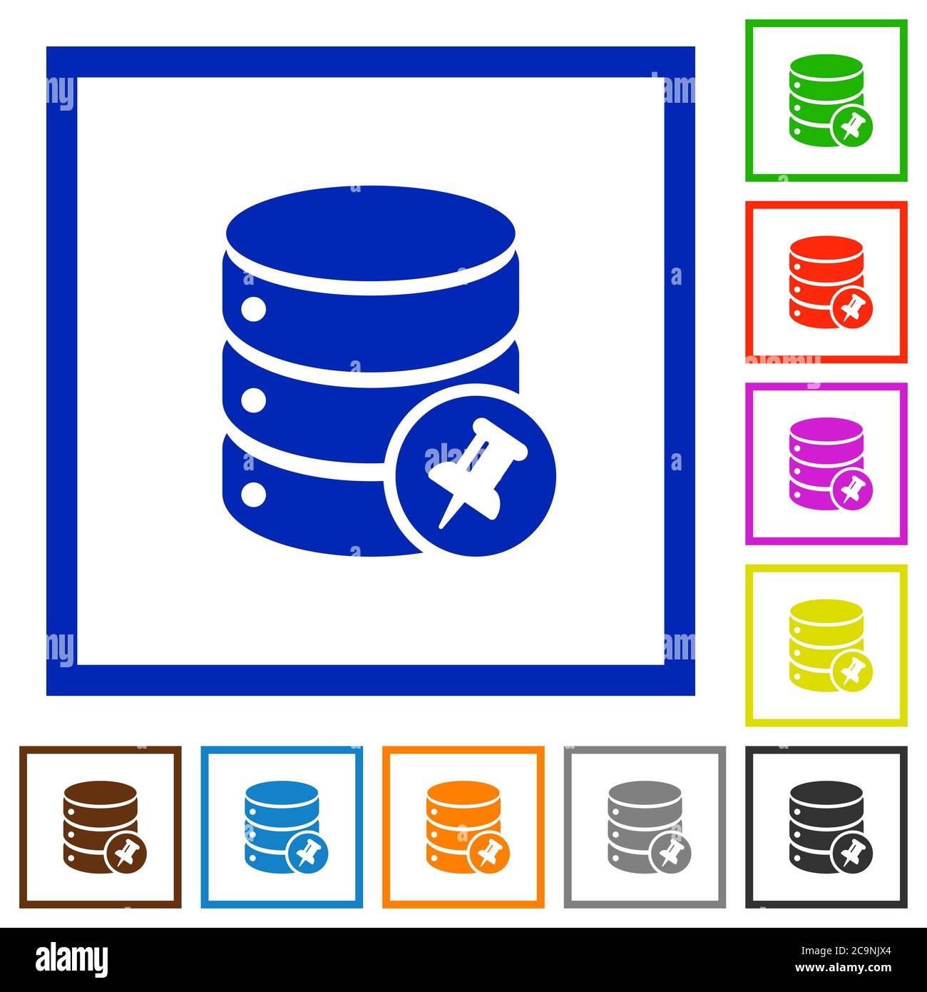 Pin database flat color icons in square frames on white background Stock Vector