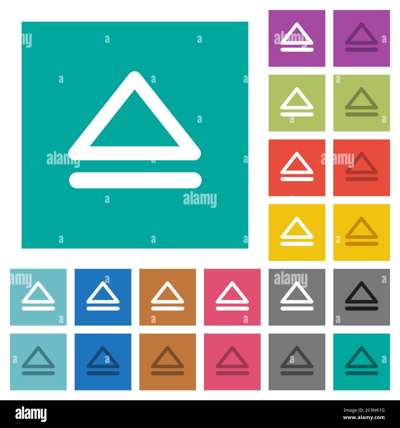 Media eject multi colored flat icons on plain square backgrounds. Included white and darker icon variations for hover or active effects. Stock Vector