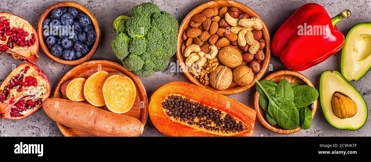 Antiaging food healthy fruits, vegetables, nuts. Top view Stock