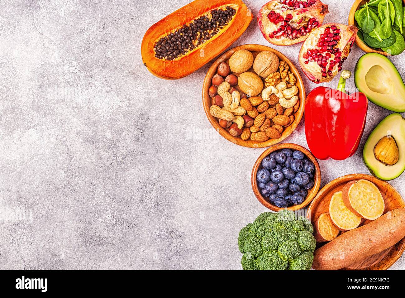 Antiaging food healthy fruits, vegetables, nuts. Top view Stock