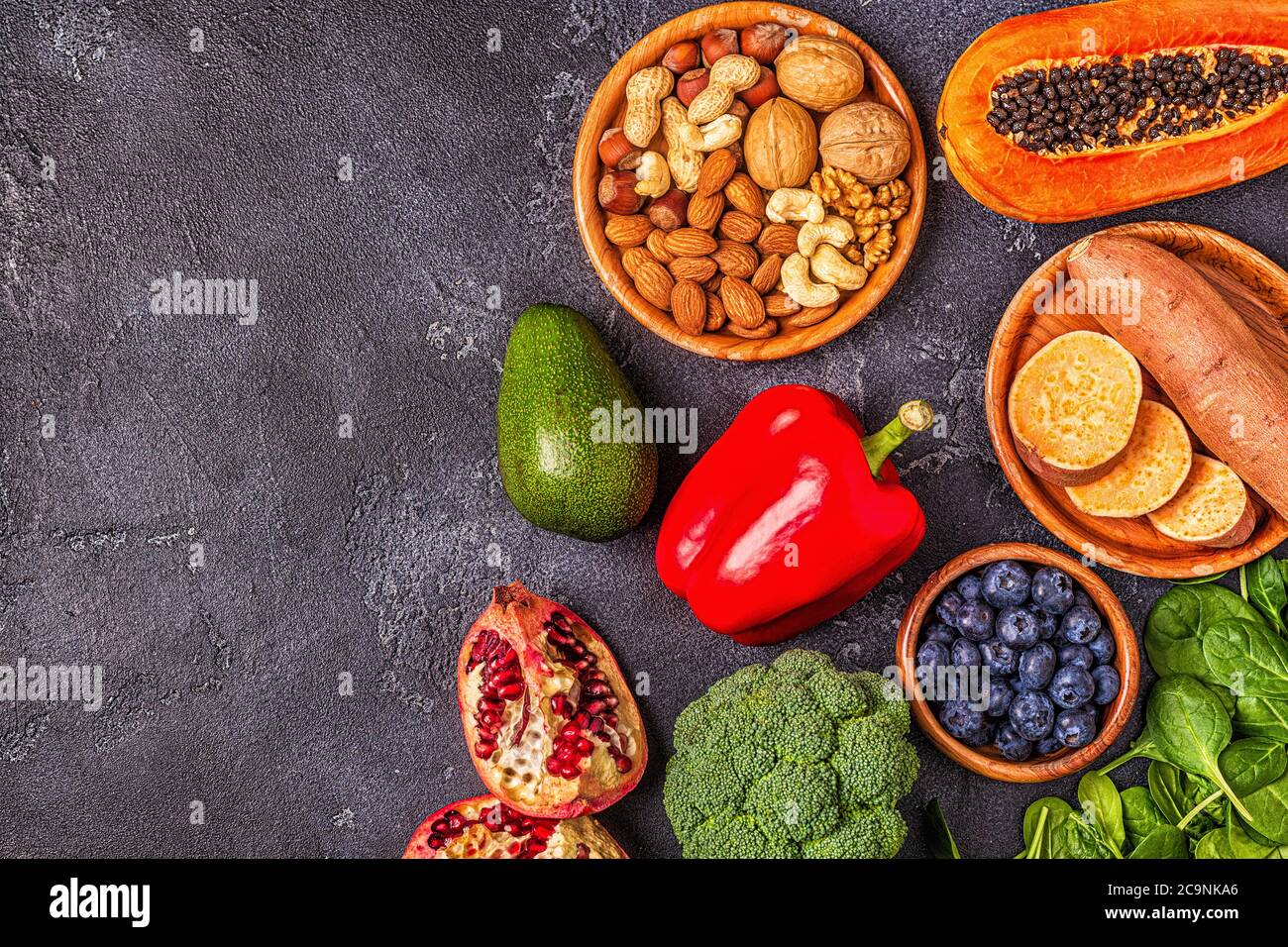 Antiaging food healthy fruits, vegetables, nuts. Top view Stock