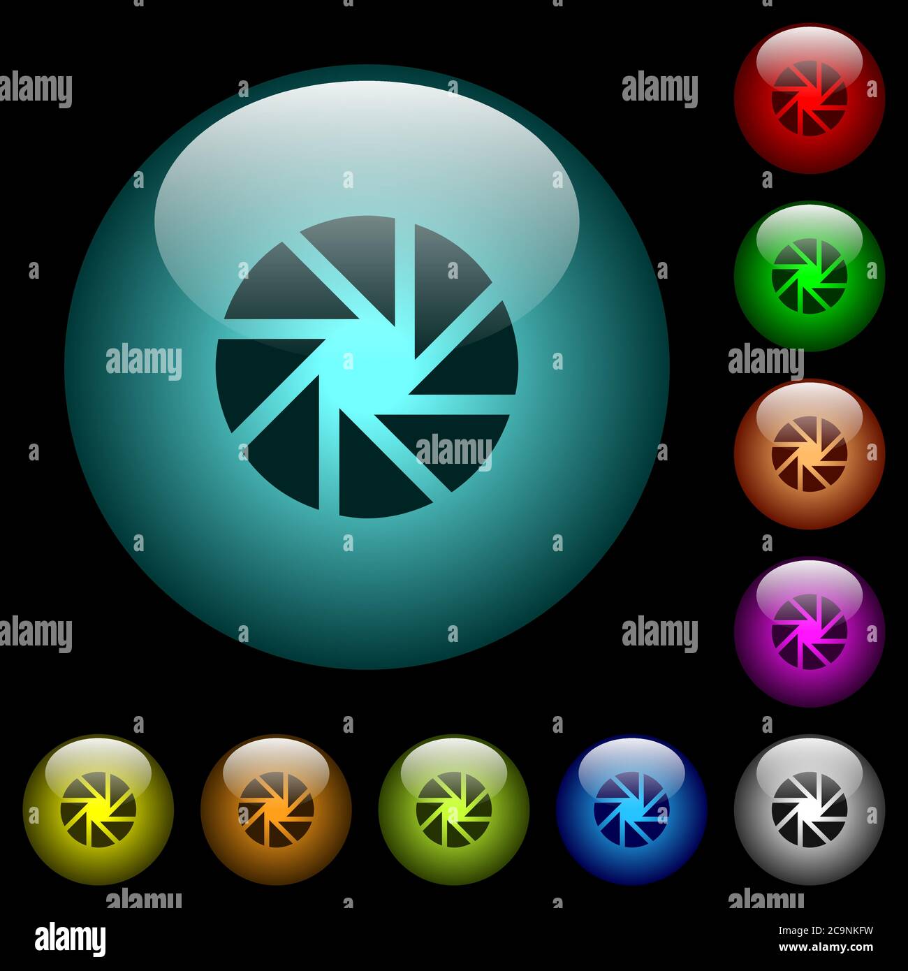 Aperture icons in color illuminated spherical glass buttons on black ...