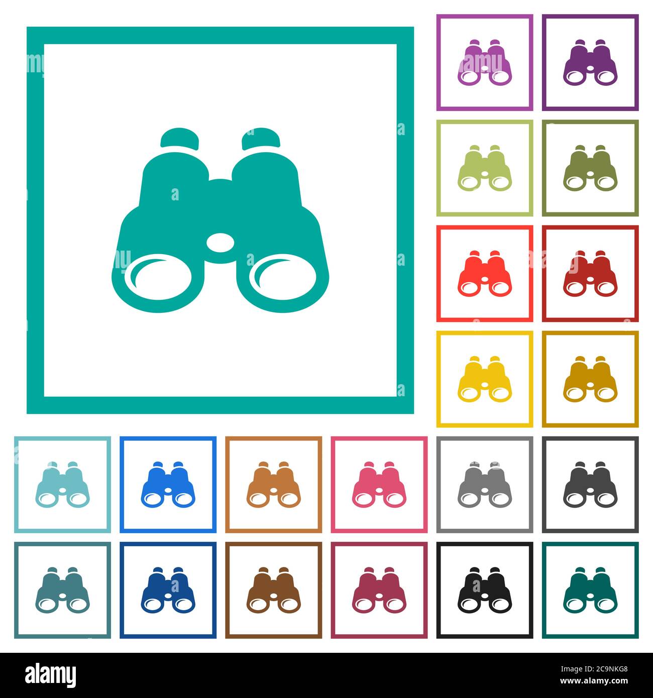 Binoculars flat color icons with quadrant frames on white background Stock Vector