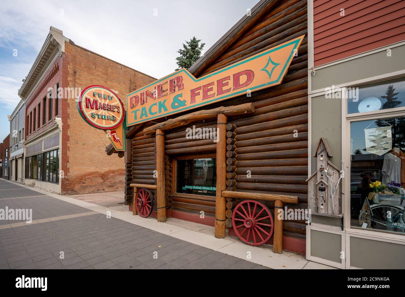 High River, Alberta - August 31, 2020: Businesses in the historic centre of High River in Alberta, Canada. High River is a beautiful country city on t Stock Photo